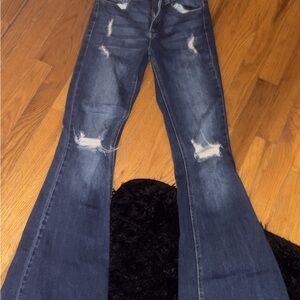 Blue Flare Wide Leg Jeans with Distressed Details